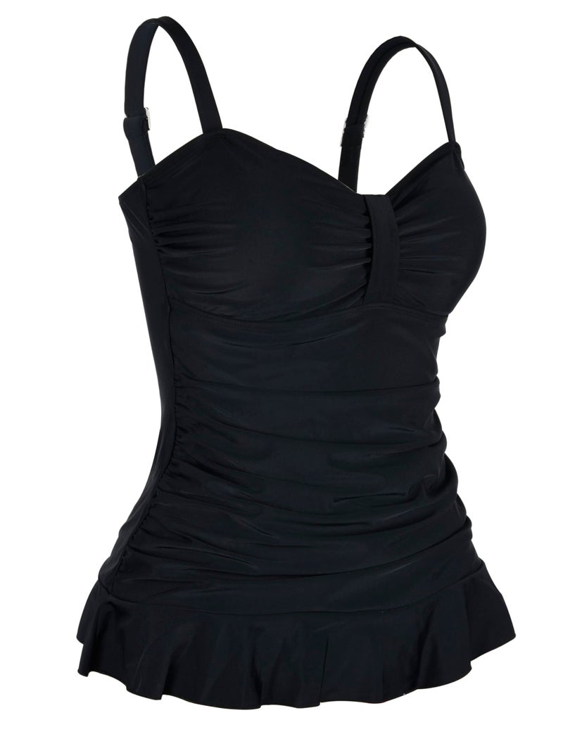 Hilor Women's 50's Retro Ruched Tankini Swimsuit Tops with Ruffled Hem Black 14 - Image 4